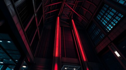 Red illuminated pillars in a dark modern building atrium.