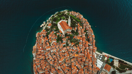 Aerial panorama of Croatian landmark, old town Rovinj and the cathedral of St. Euphemia, Istria, Croatia.