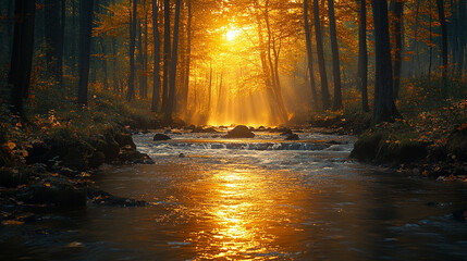 Obraz premium Beauty of sunlight filtering through autumn trees by a serene river in a forest