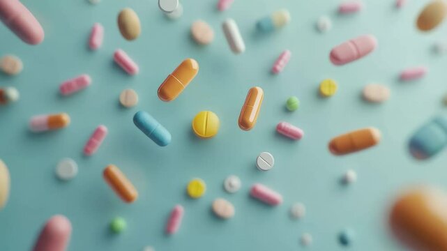 Colorful pharmaceutical capsules and pills falling in slow motion, hovering against soft light blue background, highlighting medical research and healthcare innovation