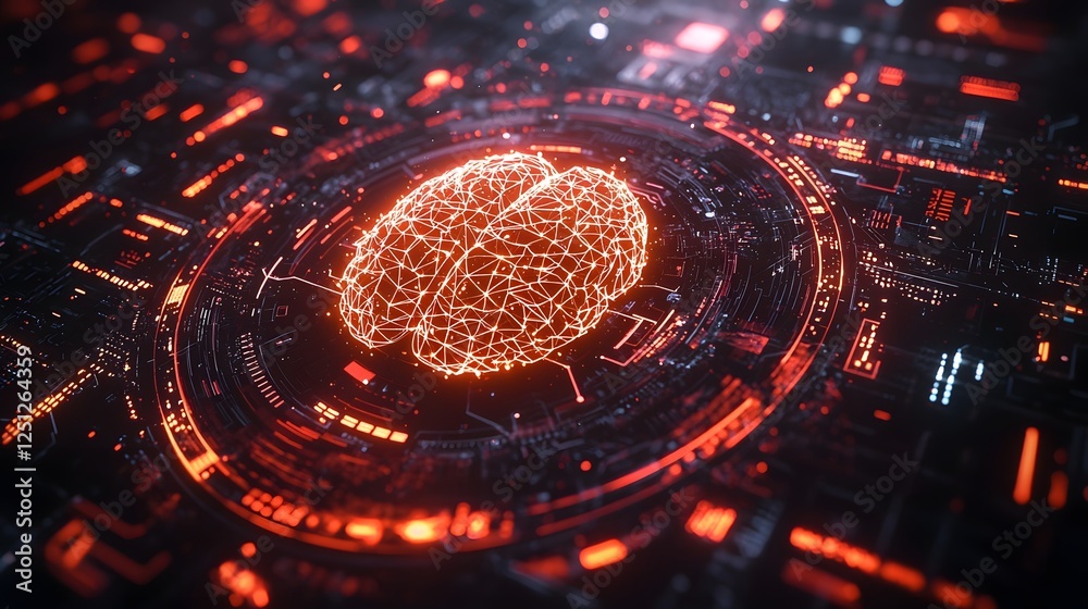 Poster futuristic 3d glowing mesh sphere surrounded by various digital data symbols visualizing the concept