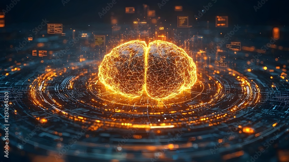 Poster glowing 3d mesh structure resembling a human brain surrounded by a futuristic digital data network s