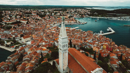 Aerial panorama of Croatian landmark, old town Rovinj and the cathedral of St. Euphemia, Istria, Croatia.