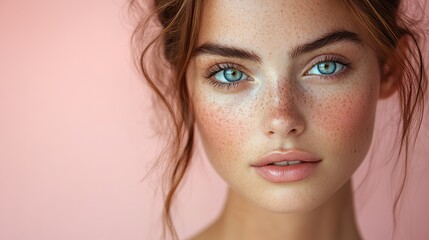 Fototapeta premium Close up shot of a young woman showcasing flawless skin and natural makeup.
