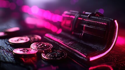 Close-up of a sleek wallet with coins on a reflective surface, illuminated by vibrant pink lights