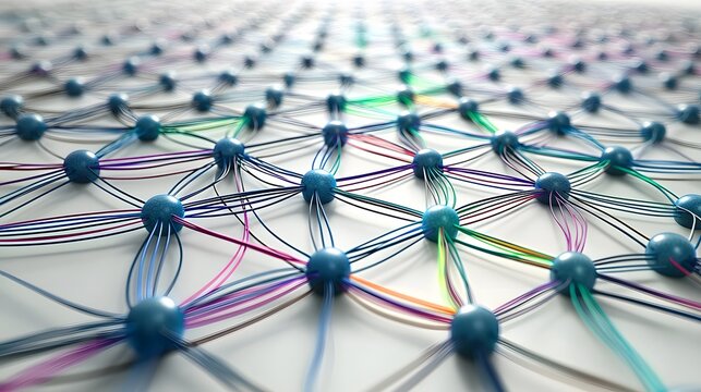 This image visually represents the complex processes involved in machine learning and intelligence  It depicts a neural network grid with interconnected nodes and vibrant colorful pathways