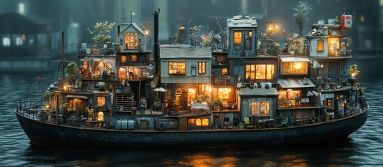 Illuminated Floating Village at Dusk