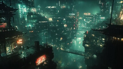 Cyberpunk Cityscape Night Aerial View