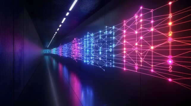 Illuminating digital visualization of machine learning algorithms displayed as a dynamic and colorful 3D flowchart