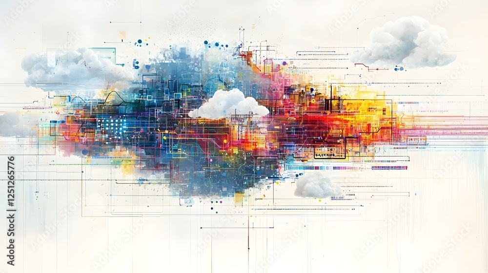 Poster vibrant abstract artwork depicting the of machine learning technologies with data clouds circuits an