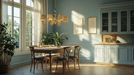 A modern dining room with light blue walls, a wooden table and chairs, a golden chandelier, a window on the left side, cabinets in the kitchen