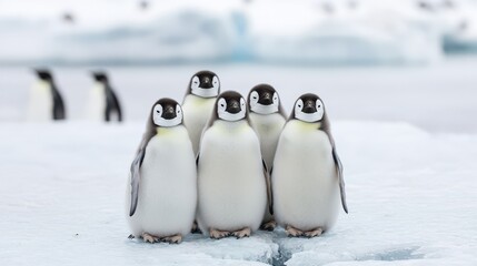 Fototapeta premium Five adorable penguin chicks huddle together on icy terrain, showcasing their fluffy feathers against a backdrop of snow and ice.