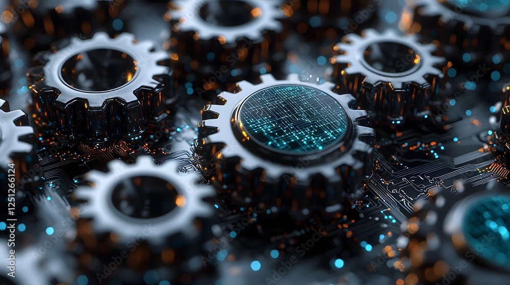 Poster 3d rendered image of interconnected digital machinery with futuristic gears cogs and intricate data 