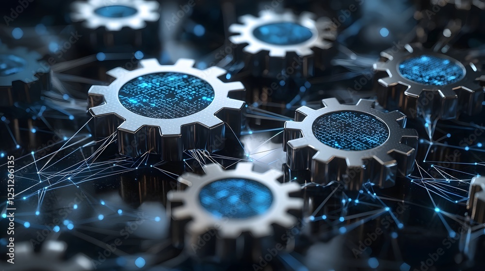 Poster a 3d rendered machine learning icon featuring an intricate network of interconnected gears and digit