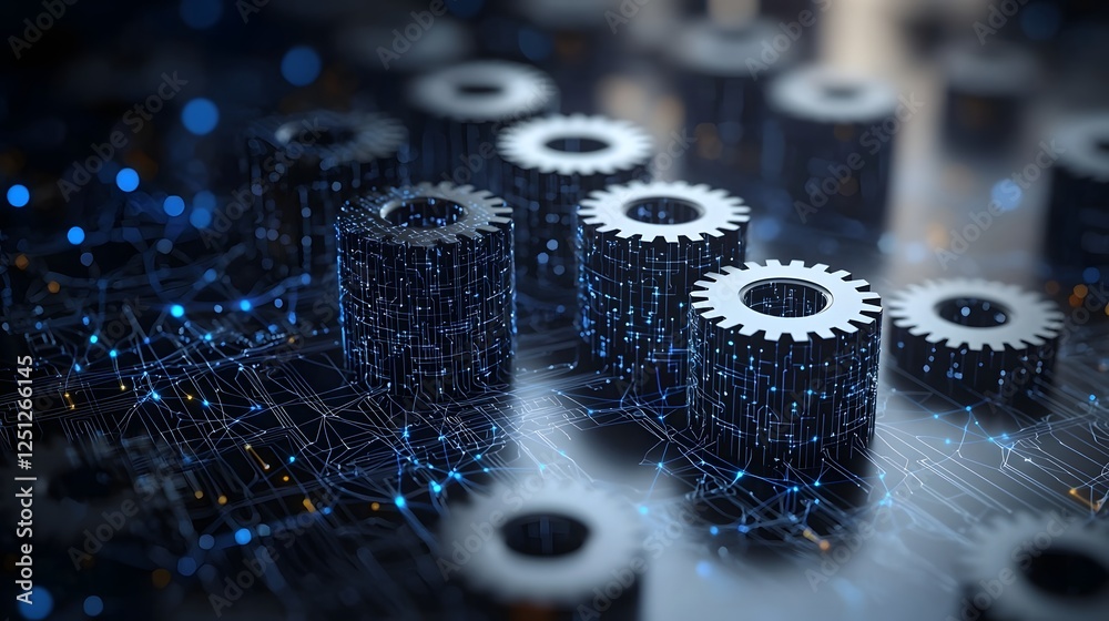 Poster 3d rendered abstract icon depicting the interconnected gears and digital patterns that represent the