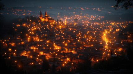 Nightfall Hilltop Town, Lights, Church, Valley, Italy, Travel