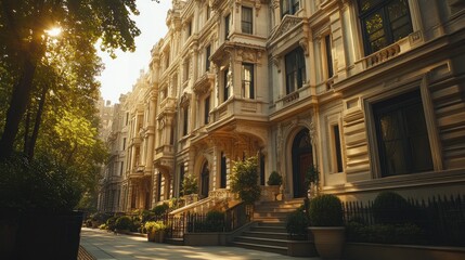 Obraz premium Sunlit city street, elegant brownstones, morning, urban landscape, real estate