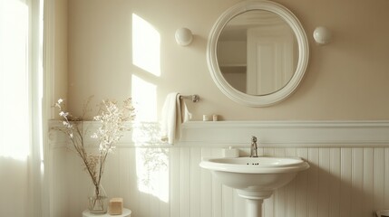 A serene bathroom with soft cream walls, white wainscoting around the sink, and an oval mirror above it