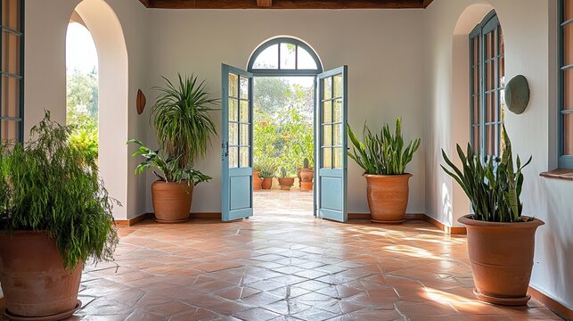 A Spanish-style home entrance with large arched windows and blue doors, terracotta tiles on the floor, indoor plants in clay pots, and an open door leading to a garden