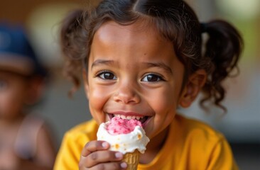 Naklejka premium Happy black child girl eating ice cream in waffle cone