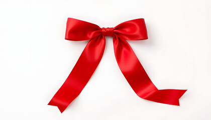 Red satin ribbon bow isolated on white background. Textile thin strip tied up to trim present or flower bunch. Any holiday decoration, asian style. with white shades