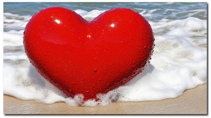 Fototapeta premium Red heart, ocean waves, beach, romantic, love, card