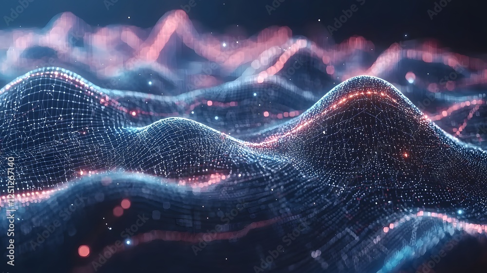 Poster futuristic digital landscape with holographic visualization of a complex neural network system depic