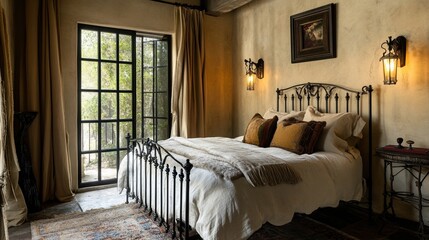 Bedroom with an iron bed frame, plush bedding and pillows, wall sconces, large windows that open to the outdoors in a Spanish-style home