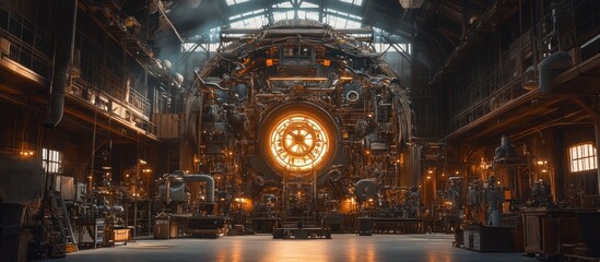 Obraz premium Glowing clockwork in industrial building; steampunk background