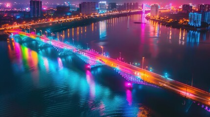 Fototapeta premium beautiful view of the bridge filled with neon lights