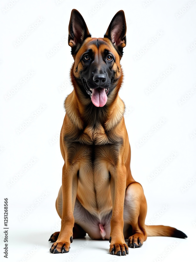 Poster image of a belgian malinois dog sitting in front of a white background with isolated transparent edg