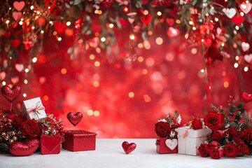 Valentine's Day background with red hearts, roses, and gift boxes on a white table against a festive, bokeh-lit red backdrop. Valentine's Day concept. Free space for text or a banner.