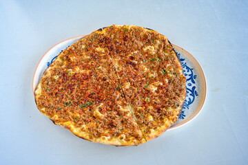 Turkish foods ; Turkish pizza -Lahmacun. Urfa  bol acili lahmacun. Kasarli lahmacun.