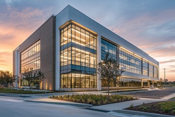 Obraz premium Modern office building sunset landscape, suburban development, twilight