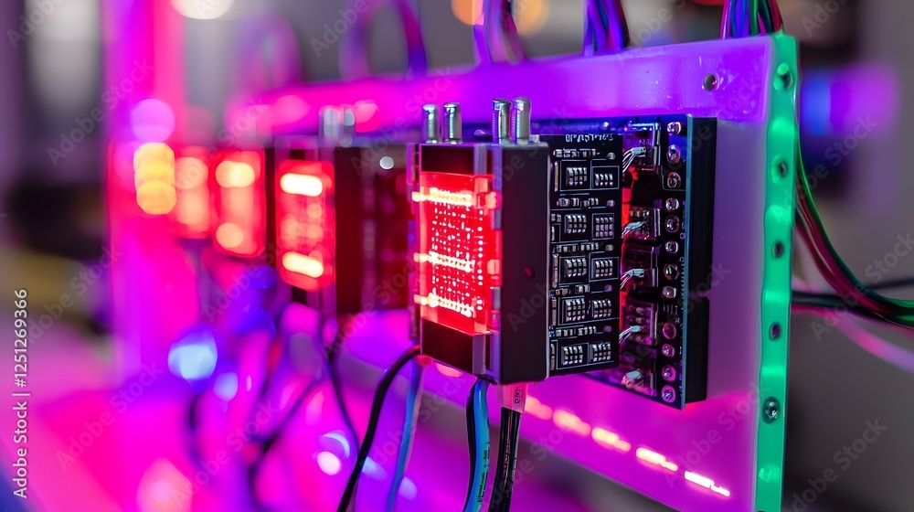 Poster vibrant and futuristic high tech machine learning hardware composition with glowing circuit boards m