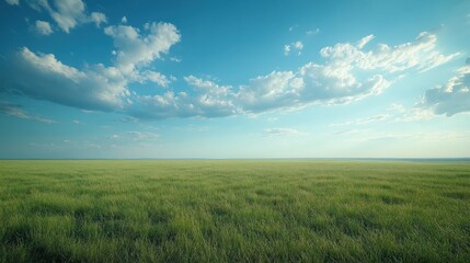Obraz premium Serene green field under a bright blue sky with fluffy clouds, perfect for travel brochures