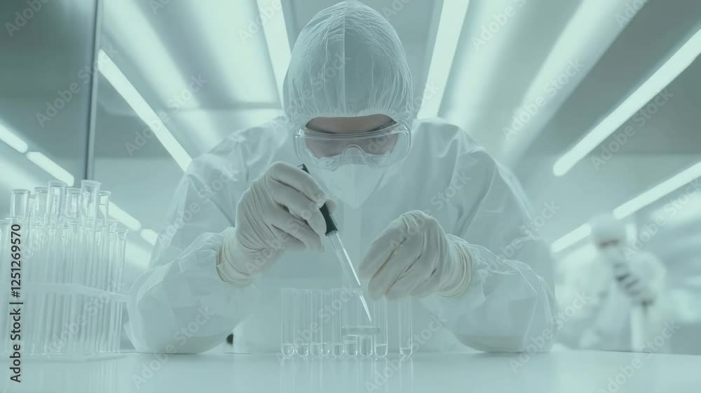 Poster laboratory technician in protective suit carefully dropping liquid into test tubes using a dropper, 