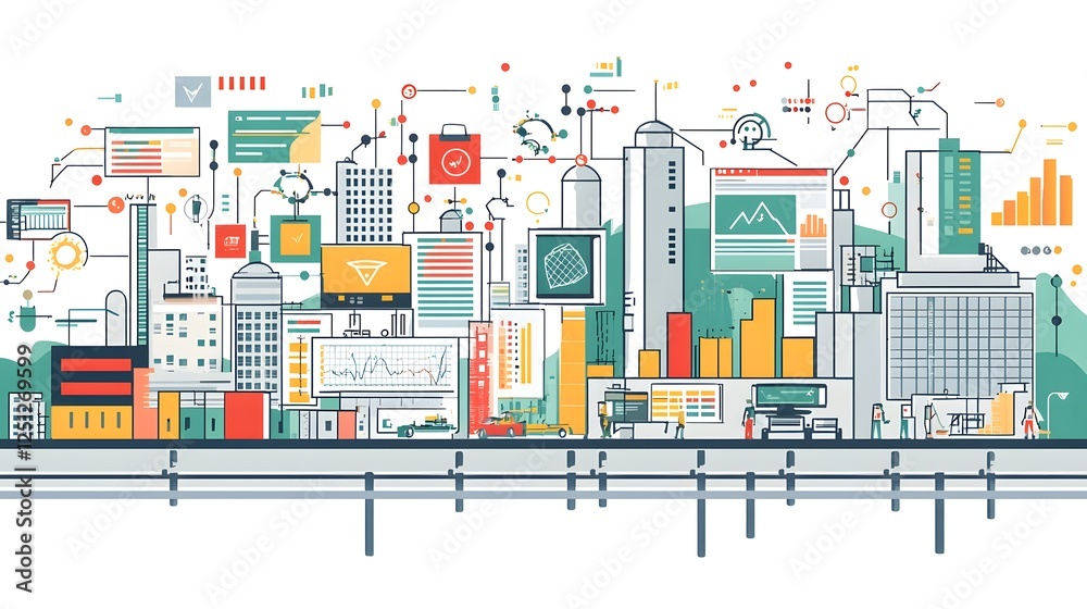 Poster stylized digital cityscape depicting the transformation of raw data into structured insights and ana