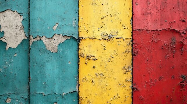 Closeup of colorful teal, red, and yellow urban wall texture. Modern pattern for wallpaper design, creative modern urban city background for advertising mockups. Grunge messy street style background.