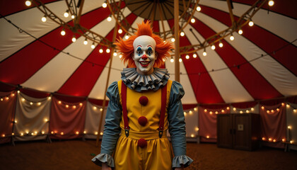 Obraz premium Sinister clown grinning under dim circus lights, fear and unease