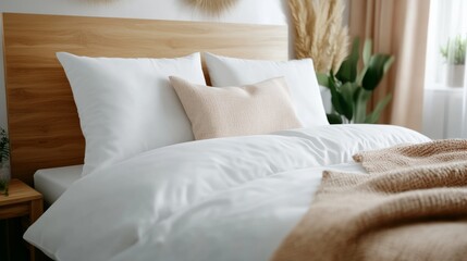 Cozy bedroom with neatly made bed, white linens, decorative pillows, and wooden headboard in warm neutral tones with soft natural lighting
