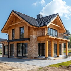 Modern wood house, suburban landscape, sunny day, real estate listing