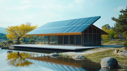 Obraz premium Solar-powered pavilion by serene lake, autumn foliage