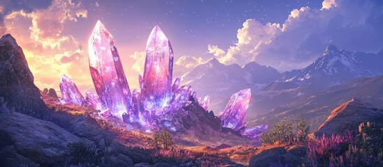 Fototapeta premium Glowing crystals sunset mountain fantasy game art
