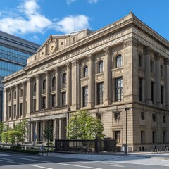 Fototapeta premium Classic building, city street, sunny day, urban background, financial district