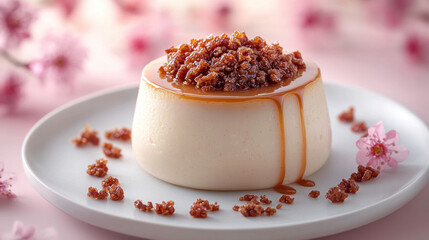 Creamy dessert with crumble topping, caramel drizzle, pink floral background, food photography