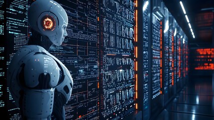 Futuristic showcasing the complex algorithms and intricate systems of intelligence and machine learning in a captivating sci fi environment