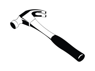 Black and white hammer illustration with claw and grip handle for construction tools