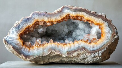 Geode interior, quartz crystals, agate bands, studio background, mineral specimen
