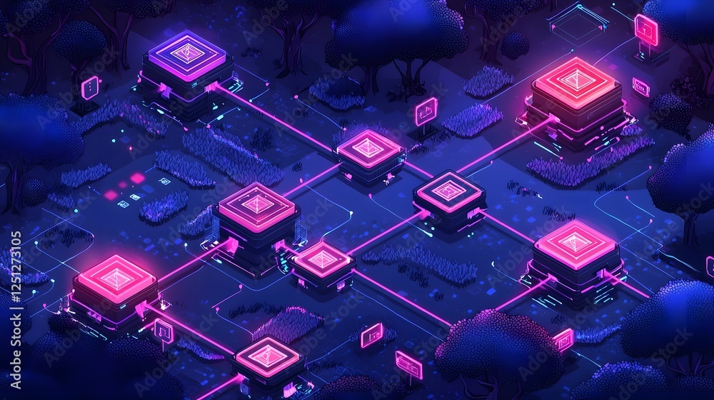 Poster futuristic of machine learning pipelines and algorithms visualized in a dark glowing digital environ